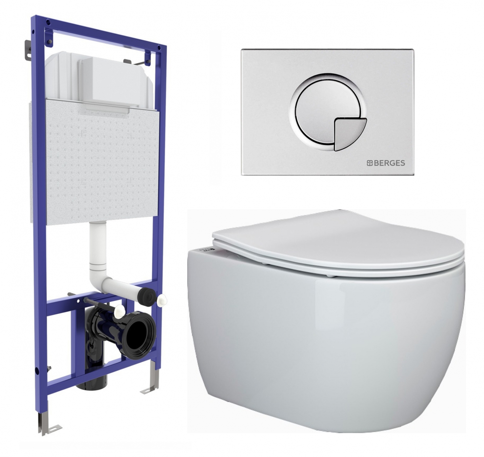 Комплект 3 в 1 инсталляция Berges Wasserhaus Novum 040222 + Унитаз подвесной Ceramica Nova Play CN3001 + кнопка хром матовая