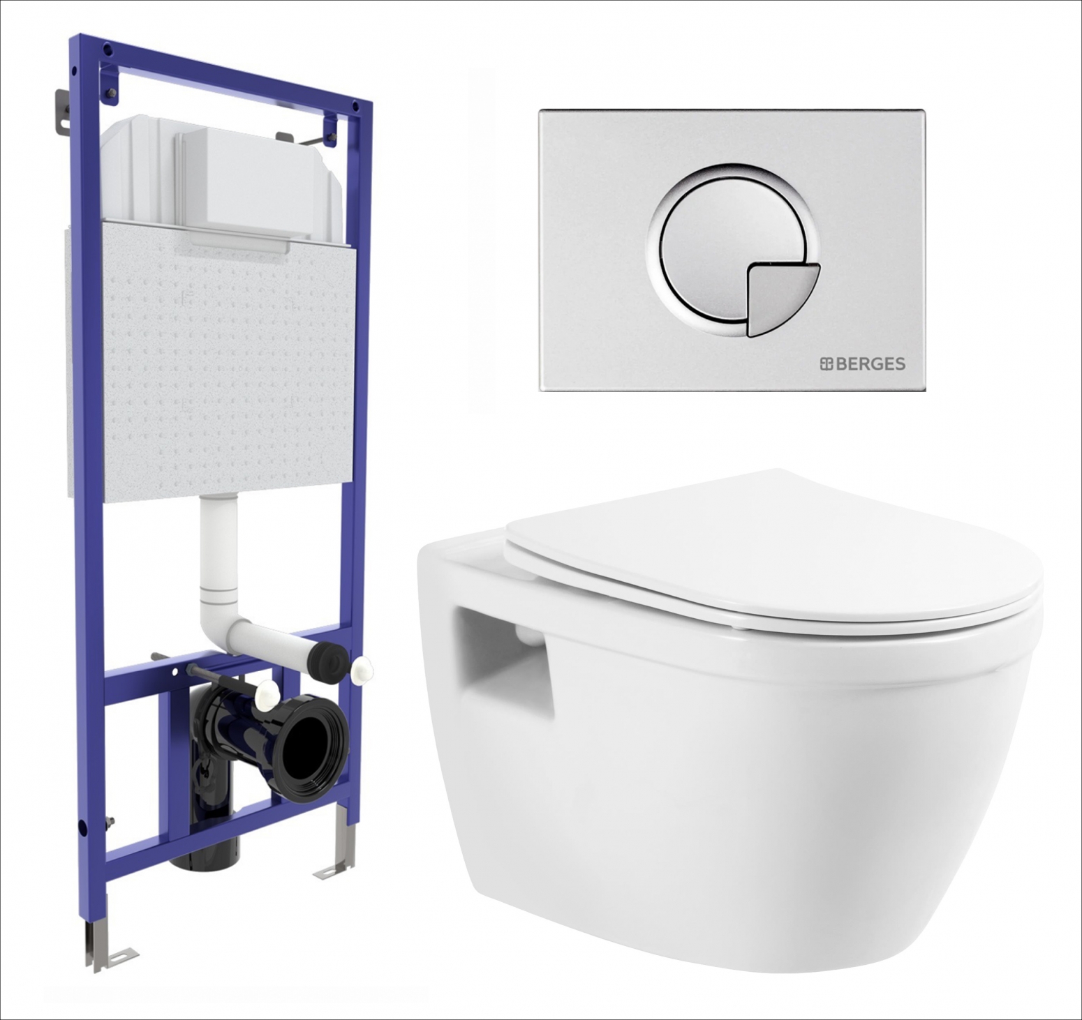 Комплект 3 в 1 инсталляция Berges Wasserhaus Novum 040222 + Унитаз подвесной BelBagno Loto BB070CHR/SC + кнопка хром матовая