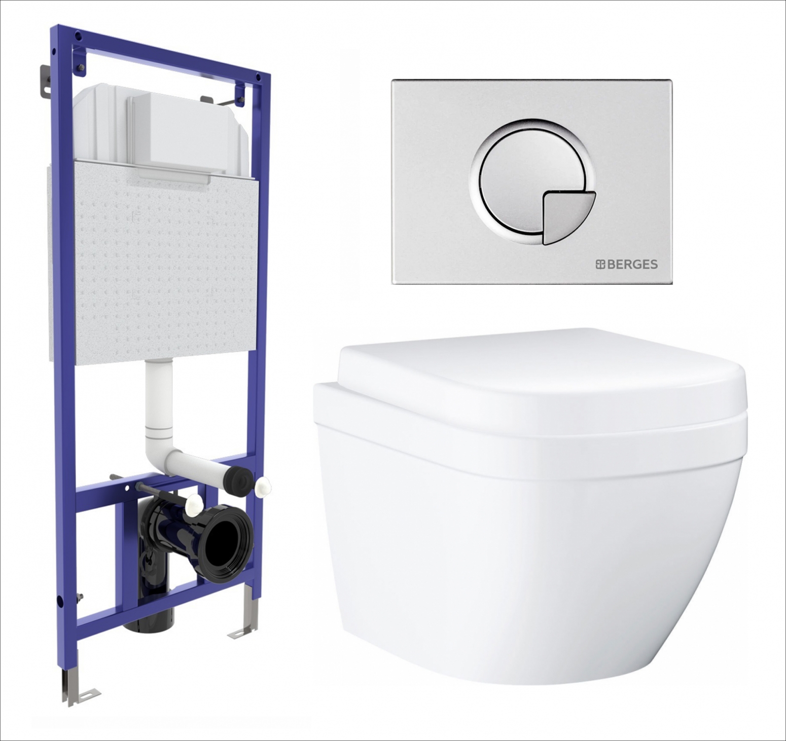 Комплект 3 в 1 инсталляция Berges Wasserhaus Novum 040222 + Унитаз подвесной Grohe Euro Ceramic 39206000 + кнопка хром матовая