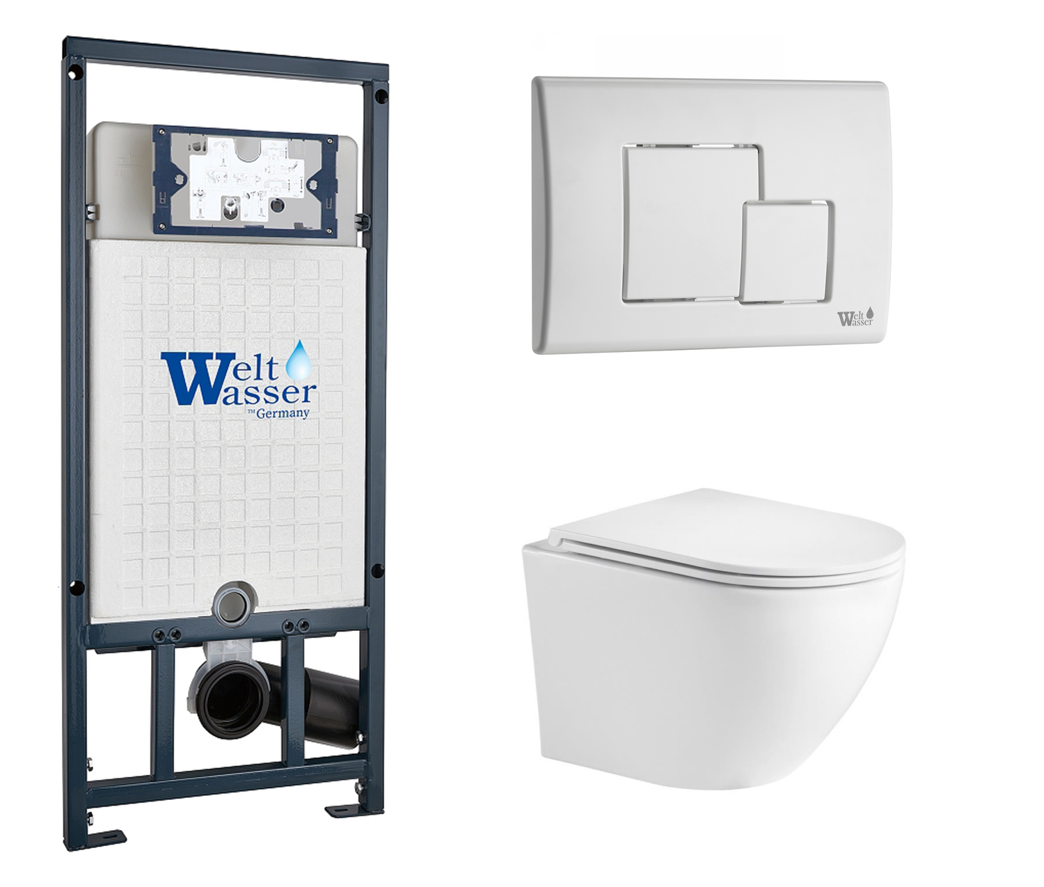 Комплект 3 в 1 инсталляция WeltWasser WW Marberg 507 + Подвесной унитаз WeltWasser Merzbach 043 GL-WT с кнопкой белой SE 10000005949 + 10000010237 + 10000008254