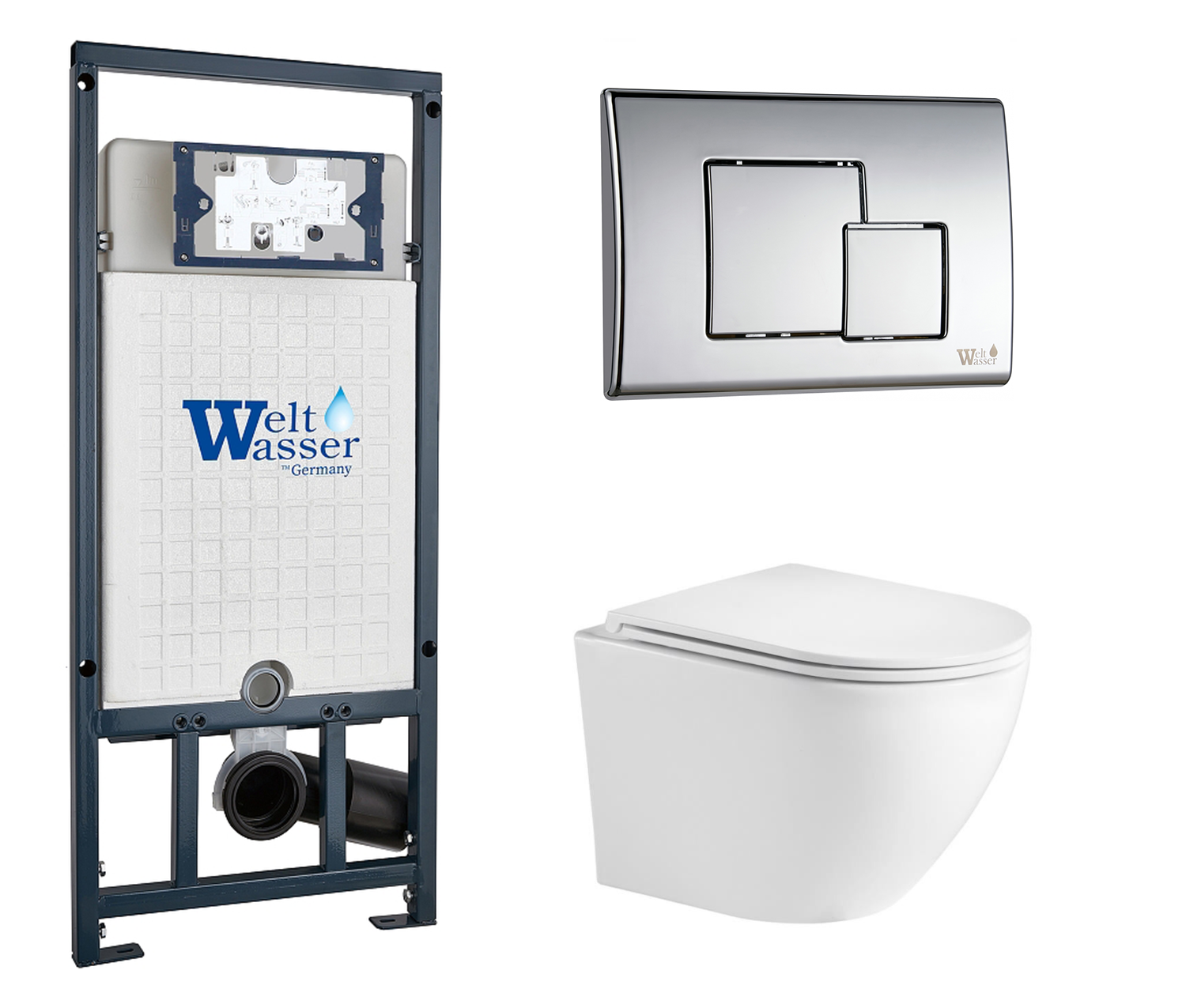 Комплект 3 в 1 инсталляция WeltWasser WW Marberg 507 + Подвесной унитаз WeltWasser Merzbach 043 GL-WT с кнопкой хром SE 10000005949 + 10000005953 + 10000008254