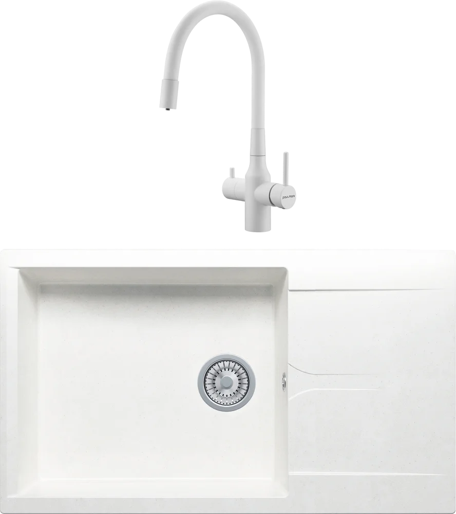 Комплект Мойка кухонная Polygran Gals 862 белый хлопок + Смеситель Paulmark Salix 213419-431 белый матовый, белый, с гибким изливом