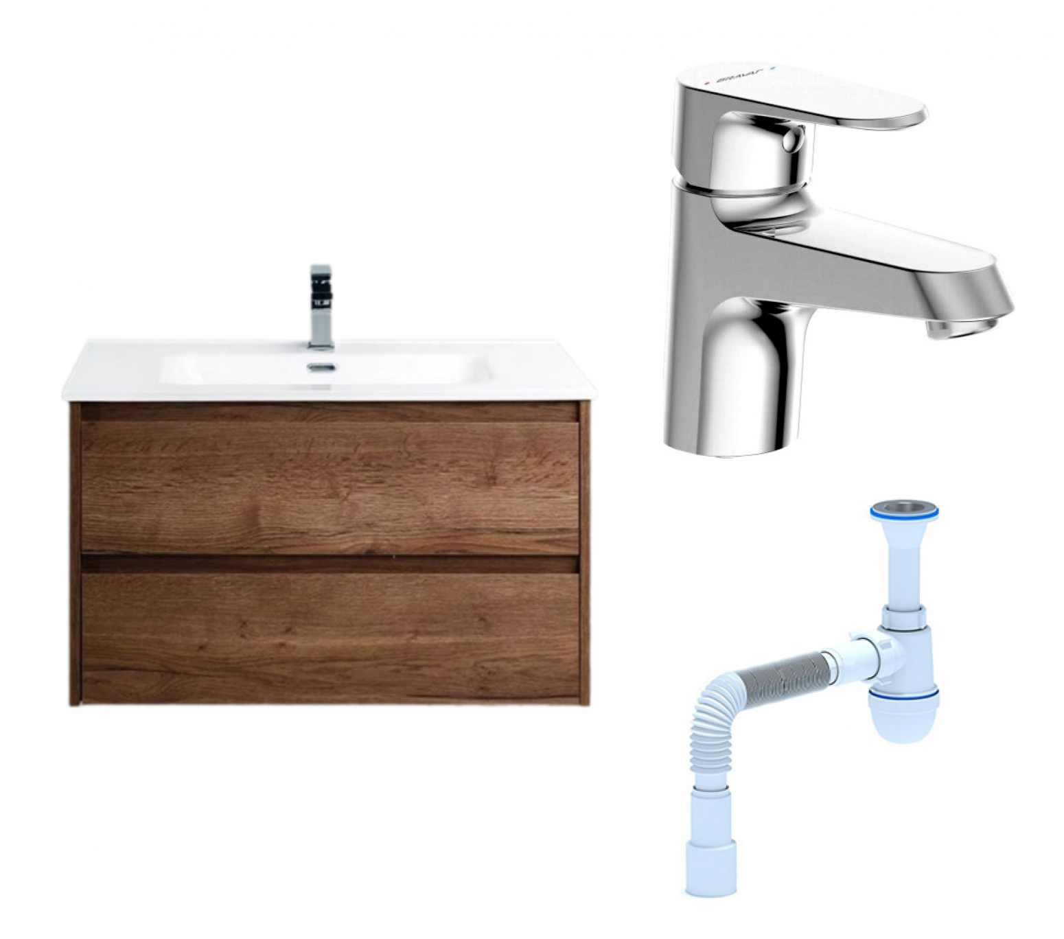 Комплект: Тумба с раковиной BelBagno Kraft 90 rovere tabacco + Смеситель Bravat Alfa F1120178CP хром + Сифон АниПласт 130058+F1120178CP+C2015xrv