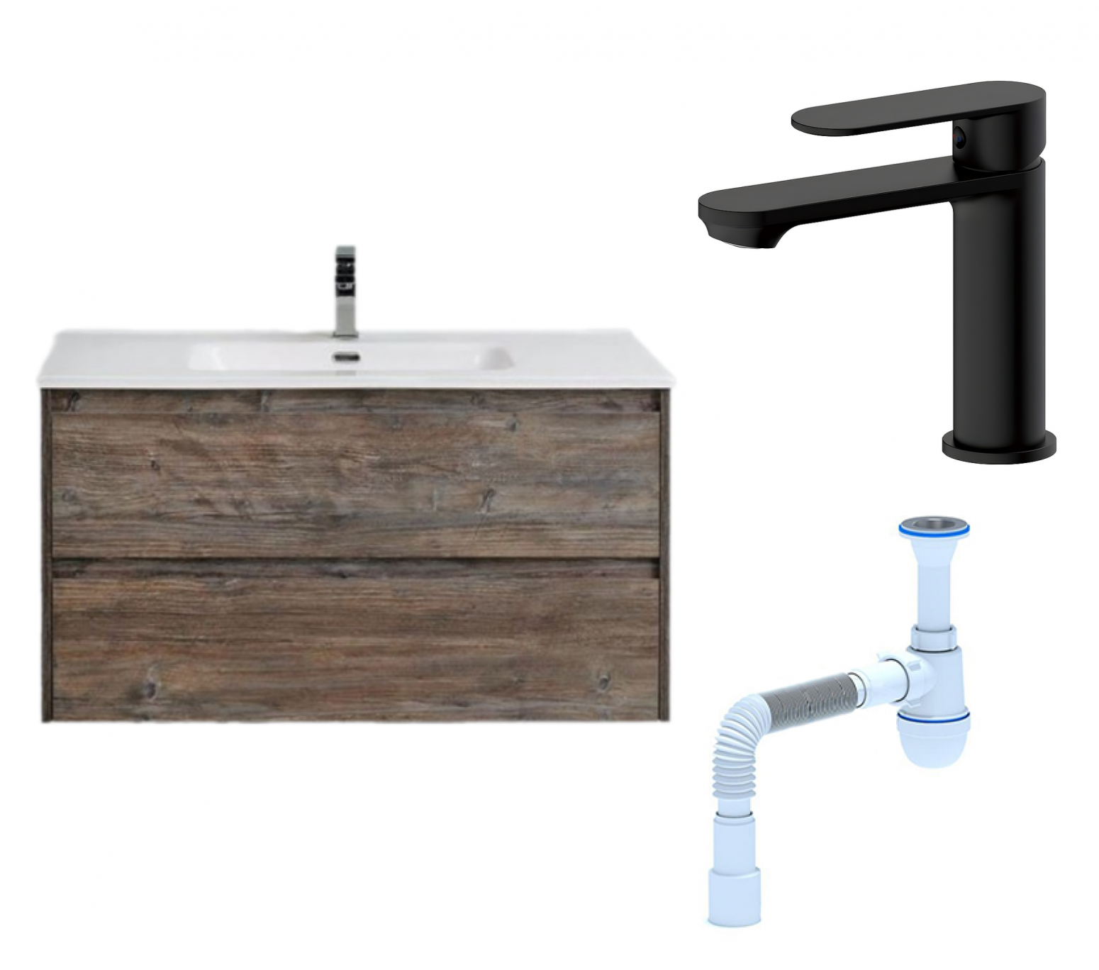 Комплект: Тумба с раковиной BelBagno Kraft 100 pino pasadena + Смеситель Haiba HB10590-7 черный + Сифон АниПласт 130080+HB10590-7+C2015xrv