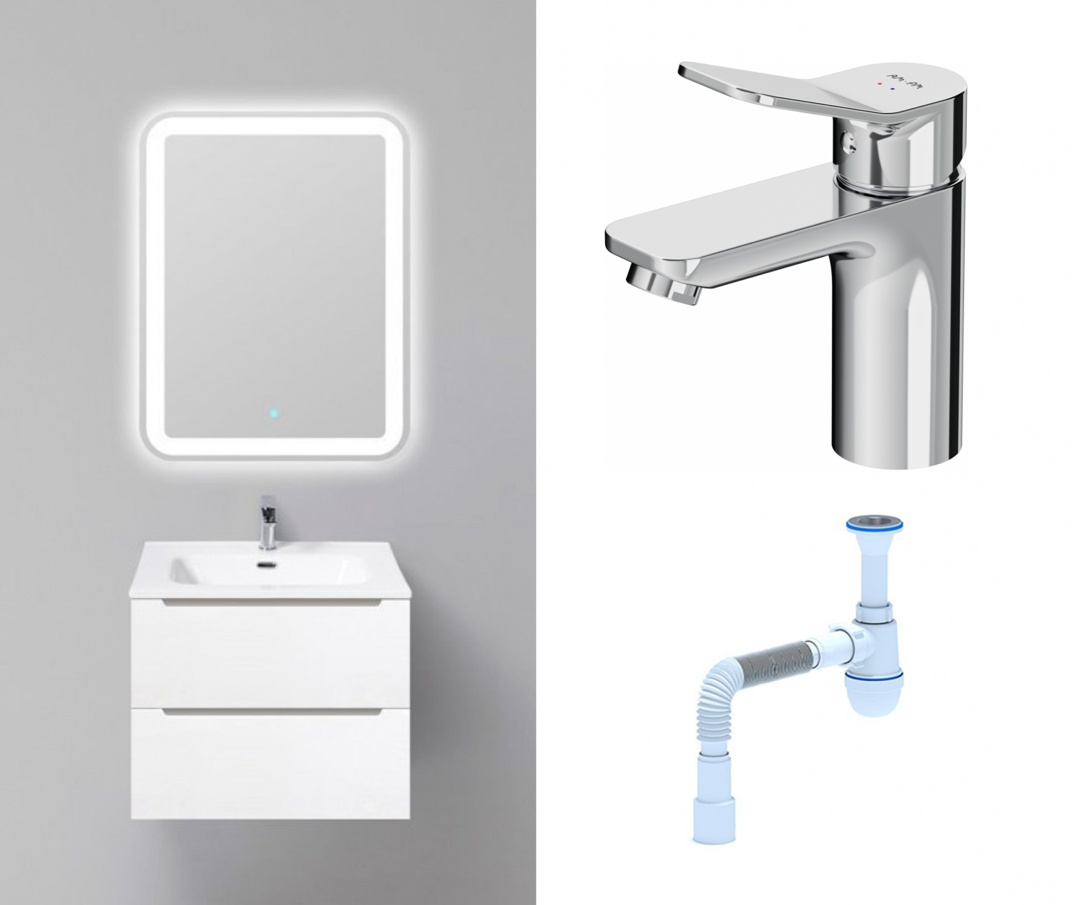 Комплект: Мебель для ванной BelBagno Etna 60 bianco lucido + Смеситель Am.Pm X-Joy F85A02100 хром + Сифон АниПласт 130118+F85A02100+C2015xrv