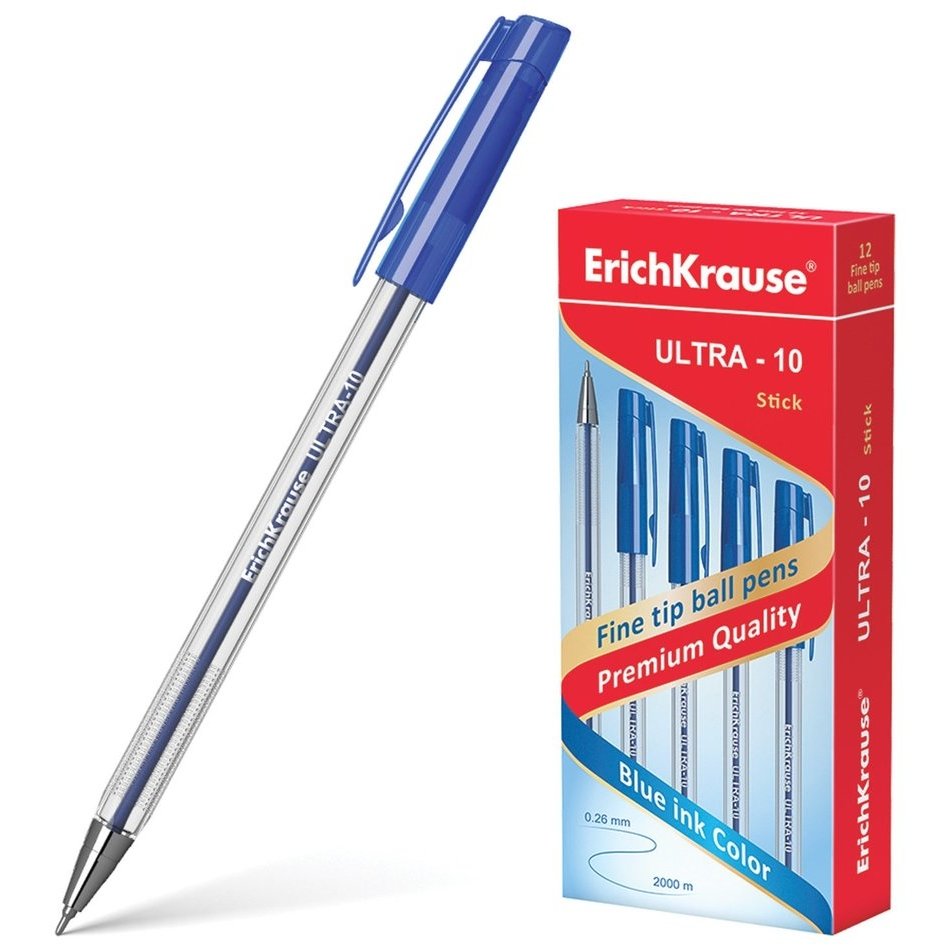 Ручка шариковая масляная Erich Krause Ultra-10, синяя, корпус прозрачный, узел 0,7 мм, линия письма 0,26 мм