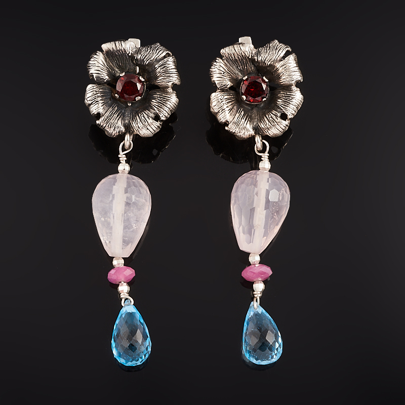 Серьги микс гранат, корунд рубиновый, розовый кварц (серебро 925 пр. оксидир.) огранка