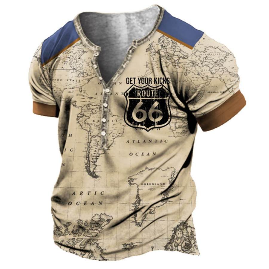 Мужская винтажная футболка с морской картой Route 66 Henley