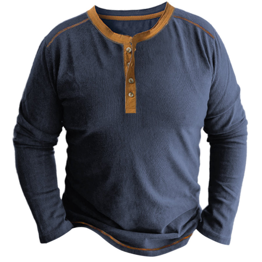 Мужская винтажная футболка Henley с цветными блоками и длинным рукавом повседневный пуловер