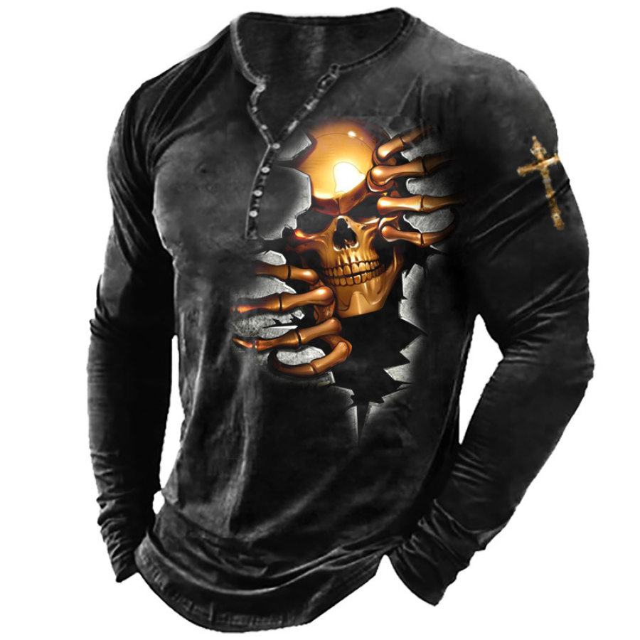 Мужская футболка Henley Dark Skull Cross с длинным рукавом винтажные повседневные топы