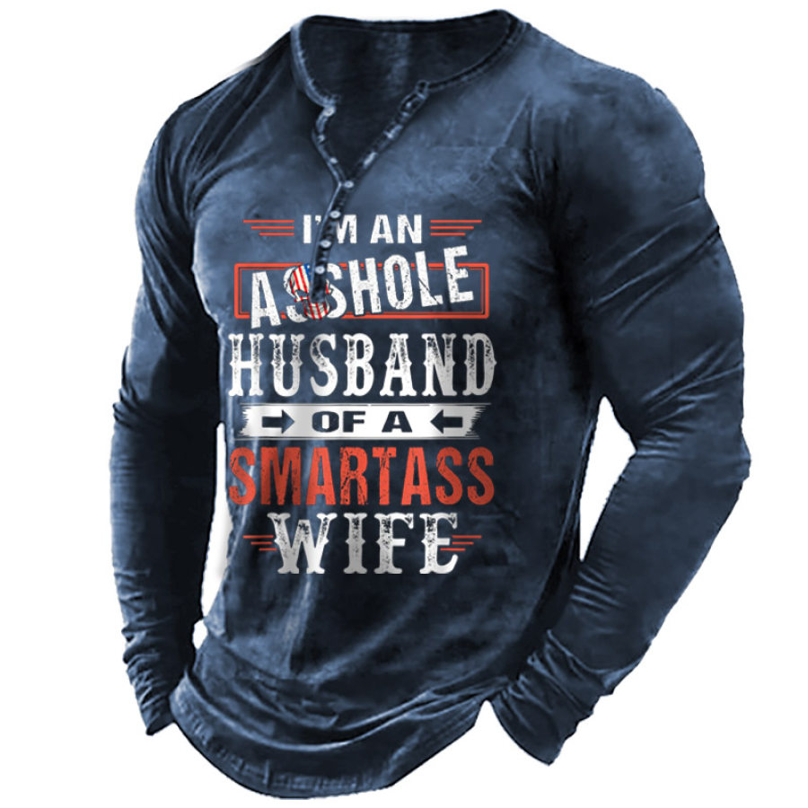 Мужская футболка Henley Husband Of A Smartass Wife с длинными рукавами винтажные повседневные топы