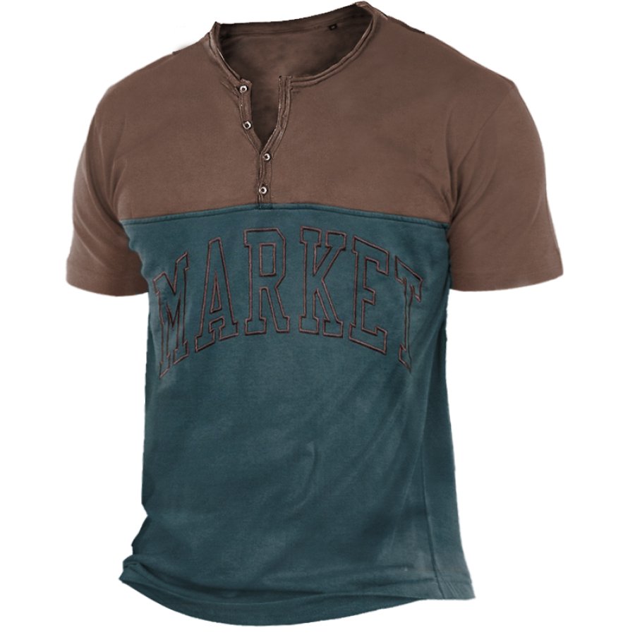 Мужская винтажная футболка Henley с цветной вышивкой Market