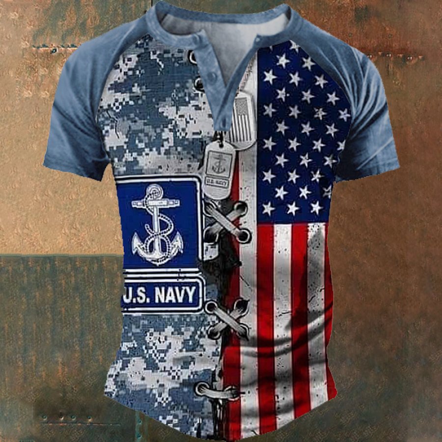 Мужская рубашка Henley с винтажным принтом американского флага