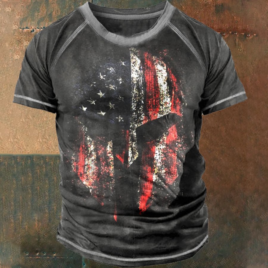 Мужская футболка с принтом Spartan American Flag Helmet
