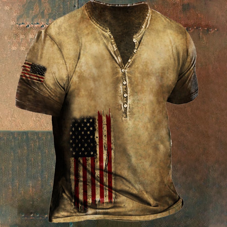 Винтажная мужская тактическая футболка Henley с коротким рукавом с принтом американского флага