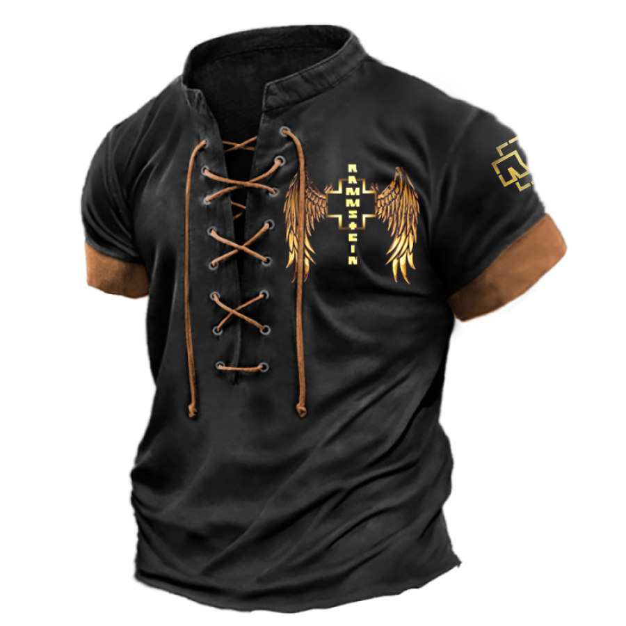 Мужская футболка Rammstein Rock Band Wings Vintage на шнуровке с короткими рукавами и цветными блоками летние повседневные топы