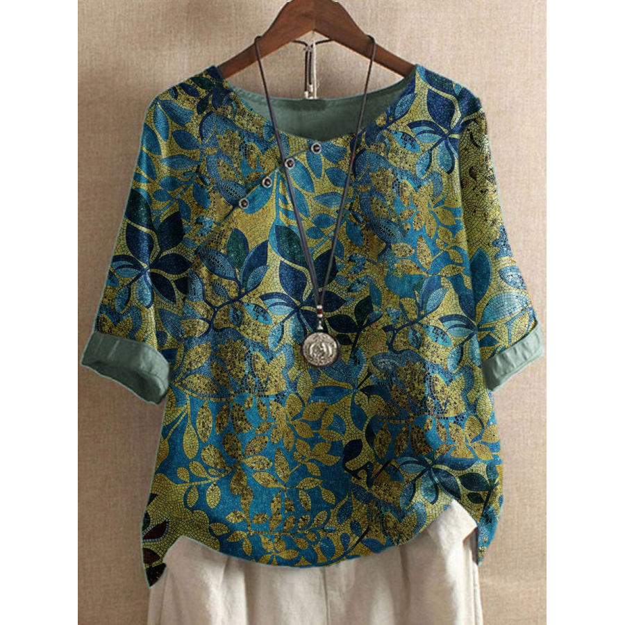 Повседневная блузка с круглым вырезом и бронзовым принтом в виде листьев