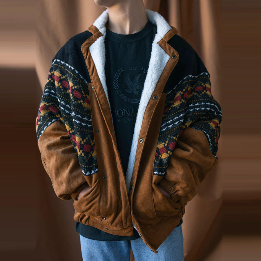 Coats & Jackets Мужская винтажная флисовая куртка из замши в стиле пэчворк