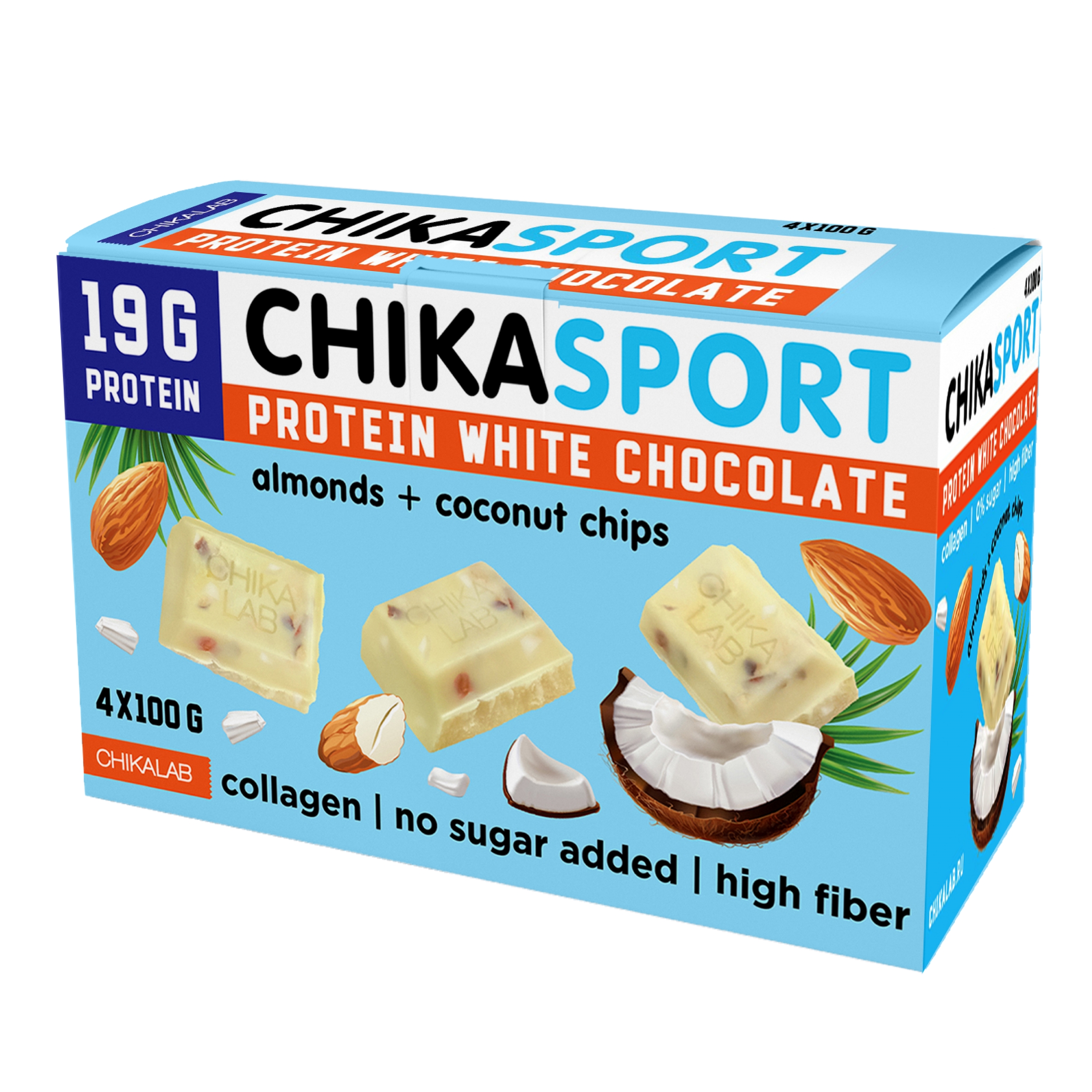 Протеиновый шоколад без сахара - Белый шоколад с миндалём и кокосовыми чипсами