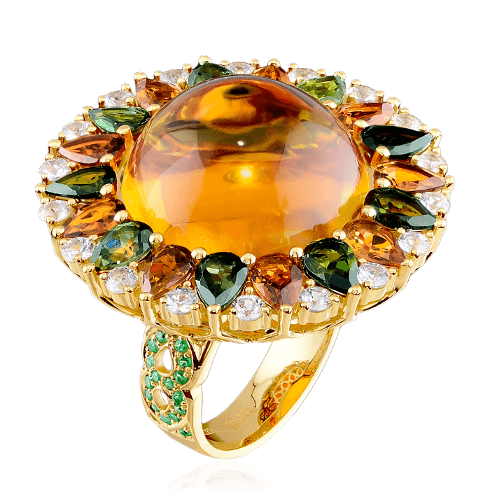 Кольцо с цитрином, оранжевыми и зелеными турмалинами, белыми сапфирами, тсаворитами в желтом золоте 585 пробы