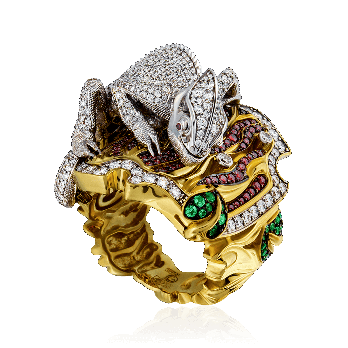 Кольца с изумрудами Кольцо Хамелеон с изумрудом, бриллиантами из белого и желтого золота 750 пробы