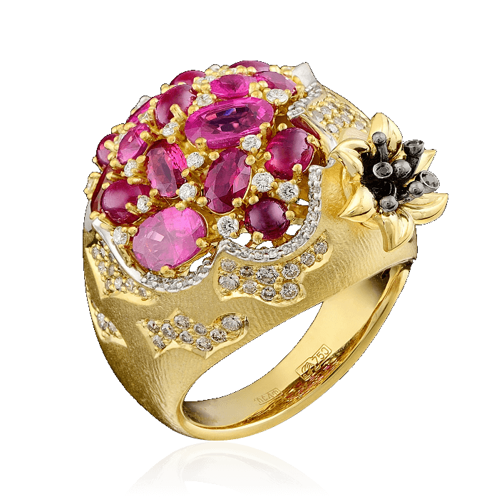 Кольца с рубинами Кольцо Гранат с рубинами и бриллиантами в желтом золоте 750 пробы