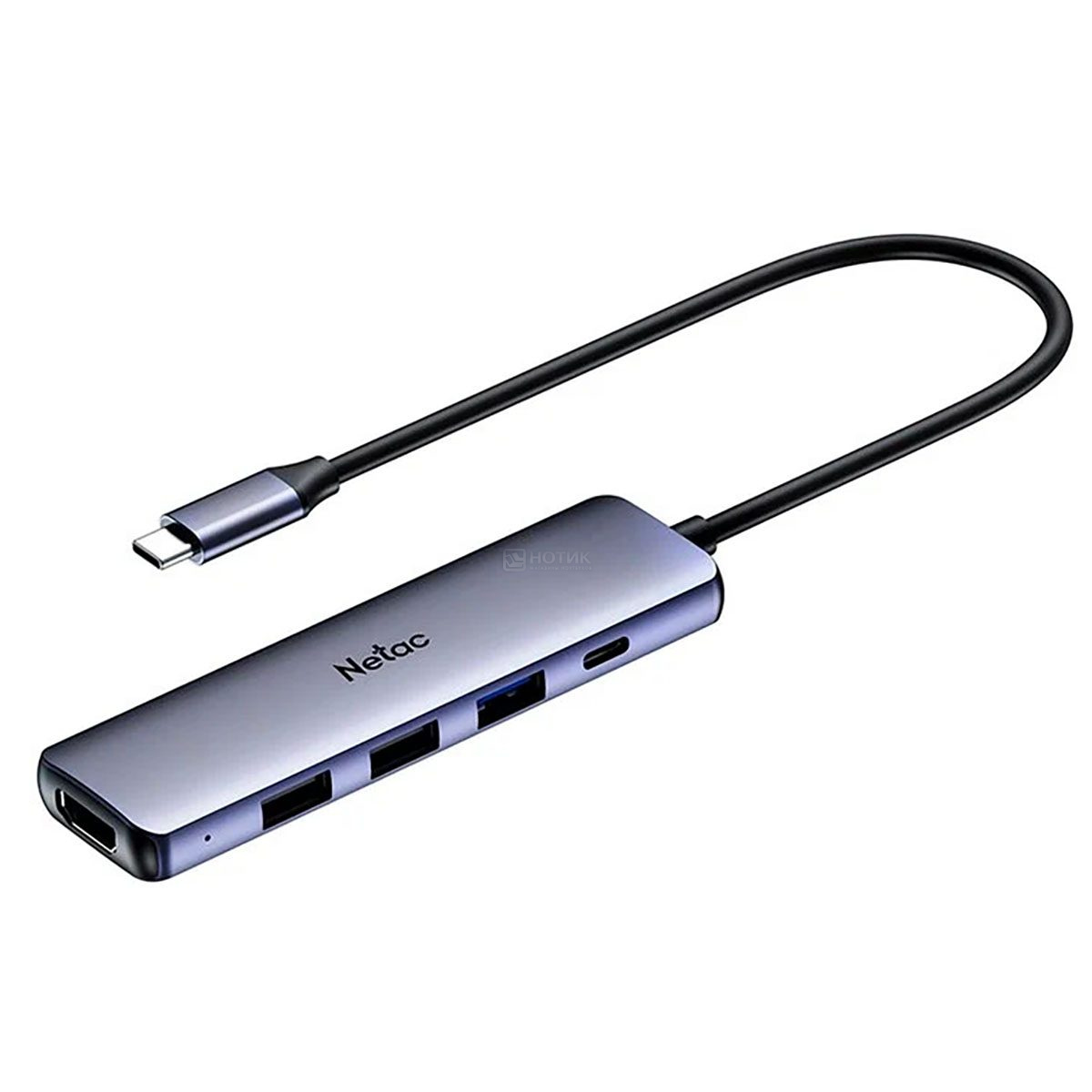  USB-хаб Netac USB Hub WF13 Type-C (USB 3.0, 2xUSB 2.0, USB Type-C, HDMI) до 100Вт, Серый Док-станция NT08WF13-30GR