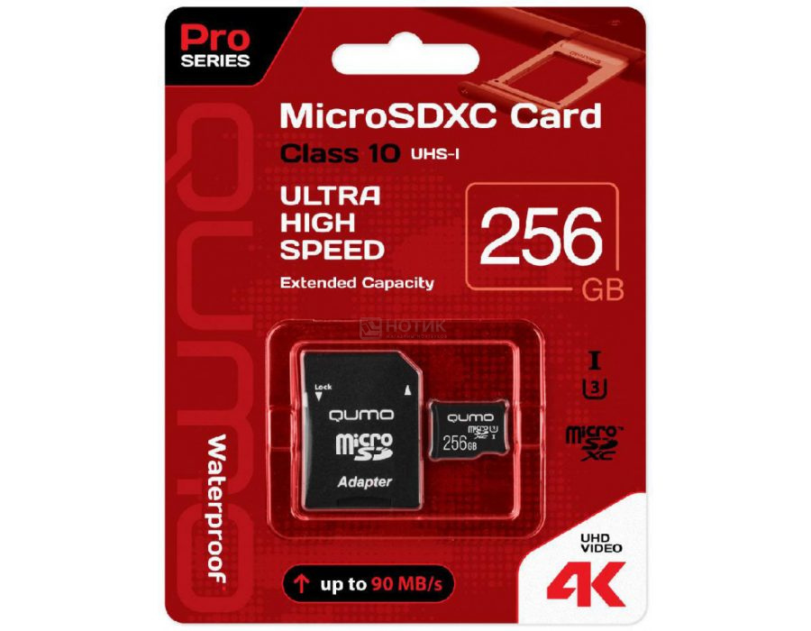 Карта памяти Qumo microSDXC 256GB Pro series microSDXC Class 10 UHS-I, U3 + SD адаптер, Черный QM256GMICSDXC10U3
