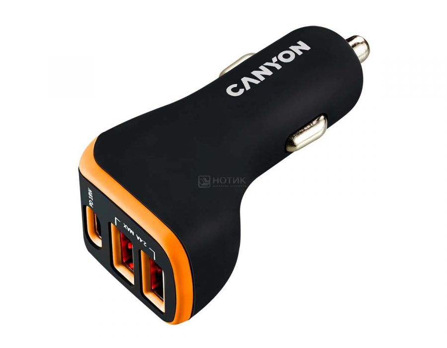   Нотик Автомобильное зарядное устройство Canyon С-08, до 18Вт, 2xUSB 2.4А, USB Type-C, Черный/Оранжевый CNE-CCA08BO