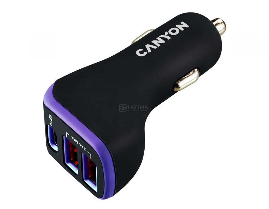  Автомобильное зарядное устройство Canyon С-08, до 18Вт, 2xUSB 2.4А, USB Type-C, Черный/Фиолетовый CNE-CCA08PU