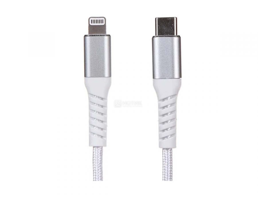 Кабель QUMO, MFI С91, USB Type-C - Lightning, 2A, 18 Вт, 1м, Нейлон, Белый/Серебристый 24508