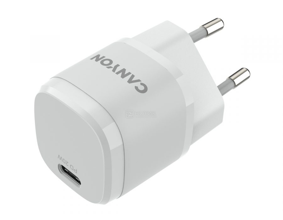   Нотик Сетевое зарядное устройство (адаптер питания) Canyon H-20-05, USB Type-C, до 20Вт, Белый CNE-CHA20W05