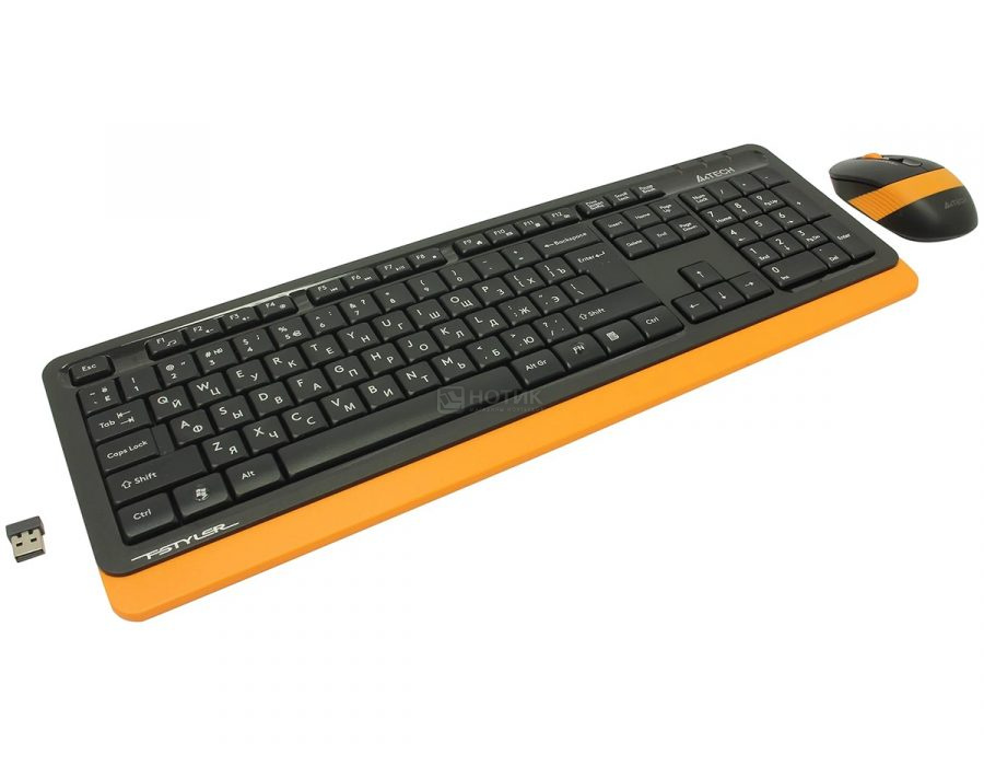  Комплект беспроводной клавиатура + мышь A4Tech Fstyler FG1010, Wireless/USB, Черный/Оранжевый FG1010 ORANGE