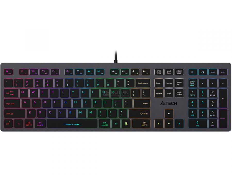  Клавиатура проводная A4Tech Fstyler FX60H, USB, RGB-подсветка, 2xUSB 2.0, Серый/Черный FX60H GREY/NEON