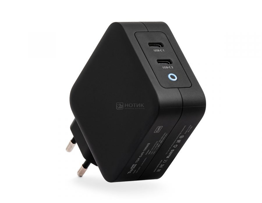   Нотик Сетевое зарядное устройство (адаптер питания) TopON GaN 100W 2xType-C, Power Delivery, Quick Charge 4.0, Черный TOP-GaN-100WB Черный