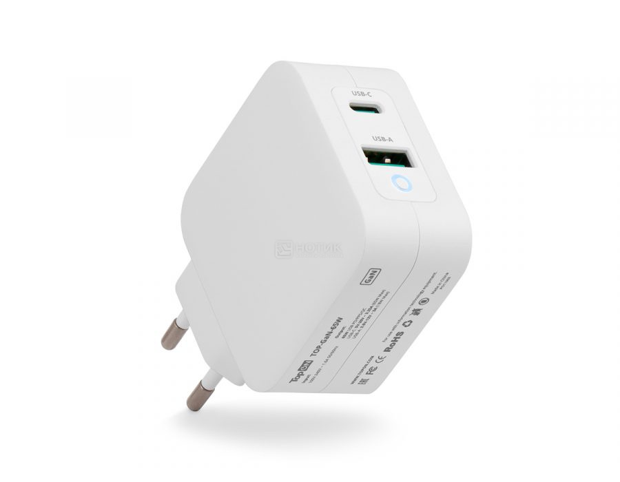   Нотик Сетевое зарядное устройство (адаптер питания) TopON GaN 65W USB, USB Type-C, Power Delivery, Quick Charge 4.0, Белый TOP-GaN-65W Белый