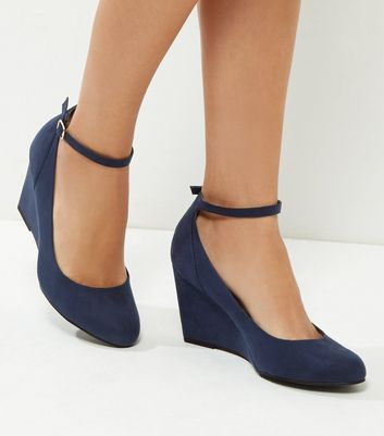 Wide Fit Navy Comfort Suedette Strap Front Wedges