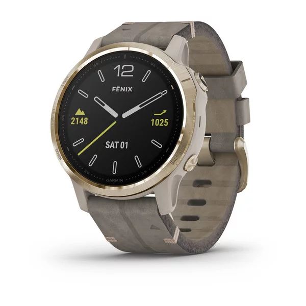 Беговые  Nuvi Fenix 6S Sapphire золотистый с серым кожаным ремешком