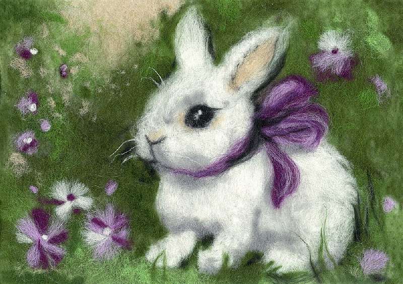 Картины шерстью  Цветное Картина шерстью «Крольчонок с бантиком»