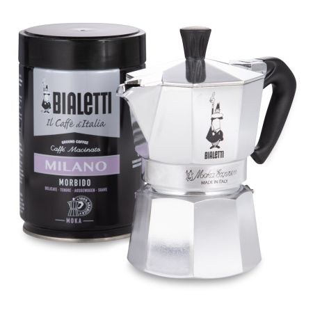 Набор подарочный гейзерная кофеварка Bialetti Moka Silver 3 порции, кофе молотый Milano 250г