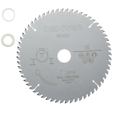 Пильные диски  Лемана ПРО Диск пильный по дереву Dexter FD-E032103060T 60Т 210x30x1.5 мм, кольца: 20 и 25.4