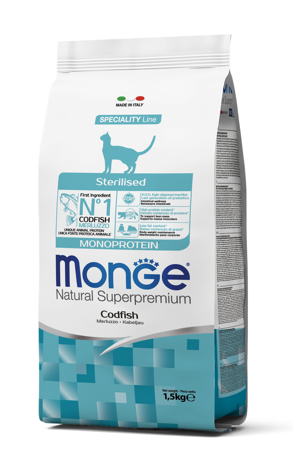 Корм Monge для стерилизованных кошек, монобелковый с треской (1,5 кг)