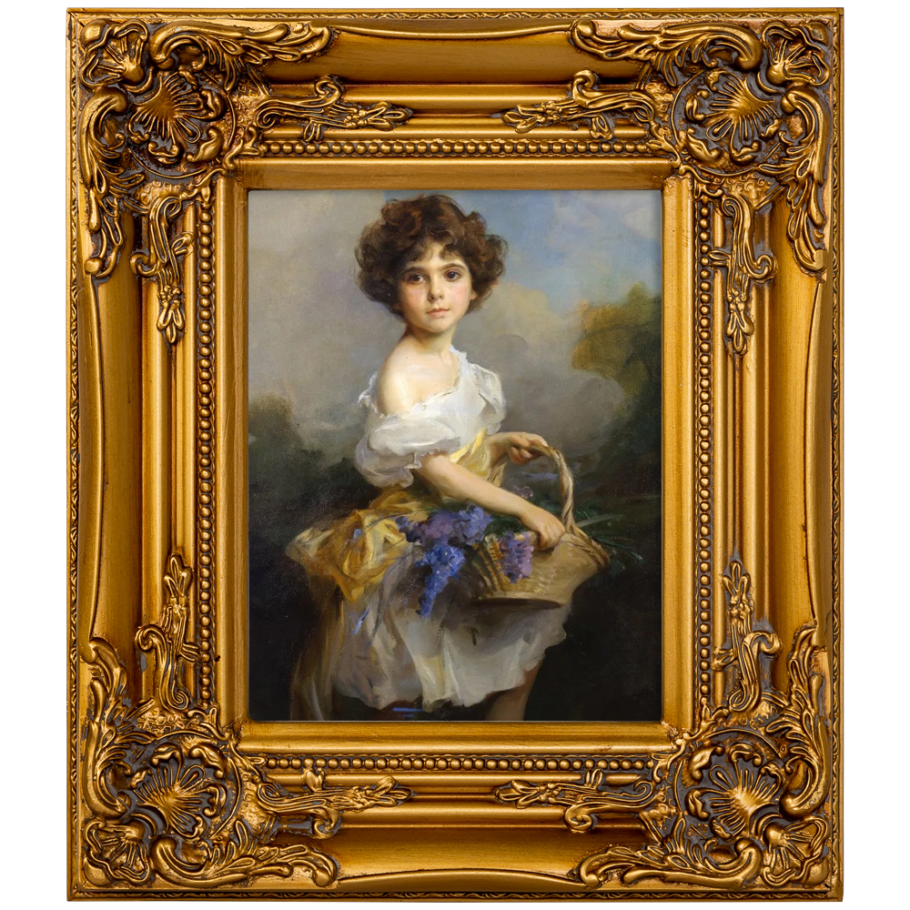Репродукция картины «девочка с цветами» (object desire) золотой 34x39x4 см.