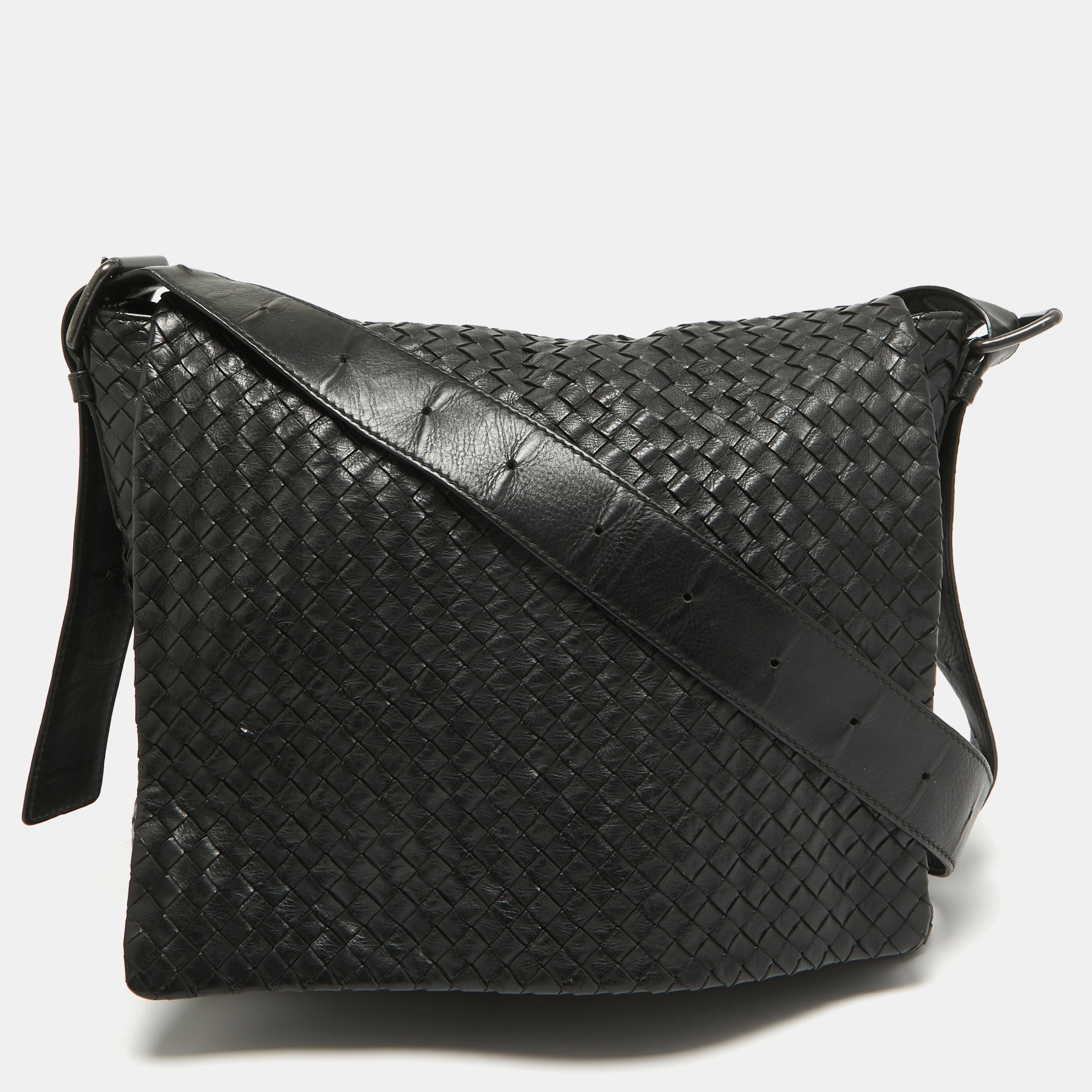 Bottega Veneta Black Intrecciato Leather Flap Messenger Bag