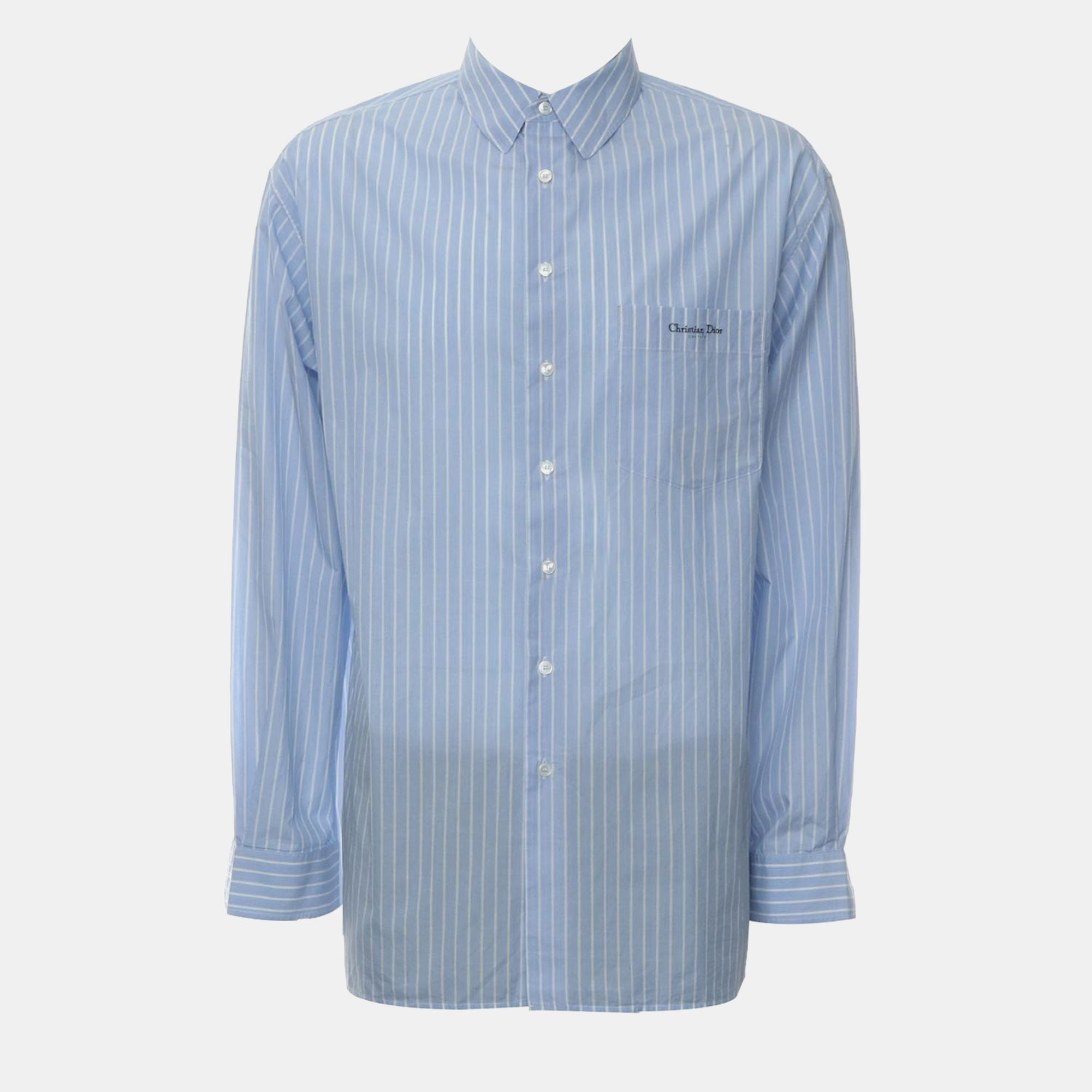 Dior Blue Cotton Stripes Button-Up Shirt FR Waist Men 41