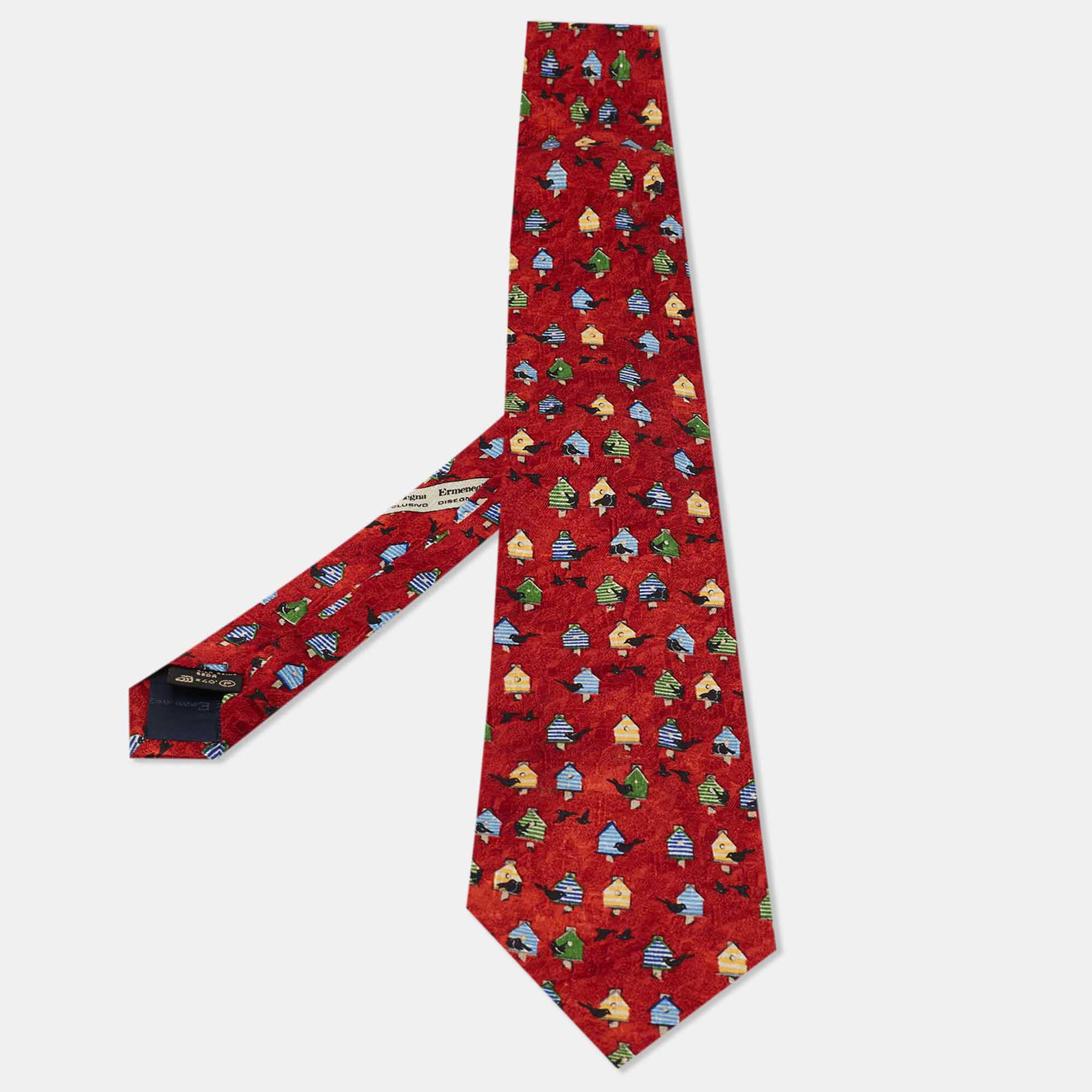 Neckties  The Luxury Closet Ermenegildo Zegna Crimson Red Tree House Print Silk Tie