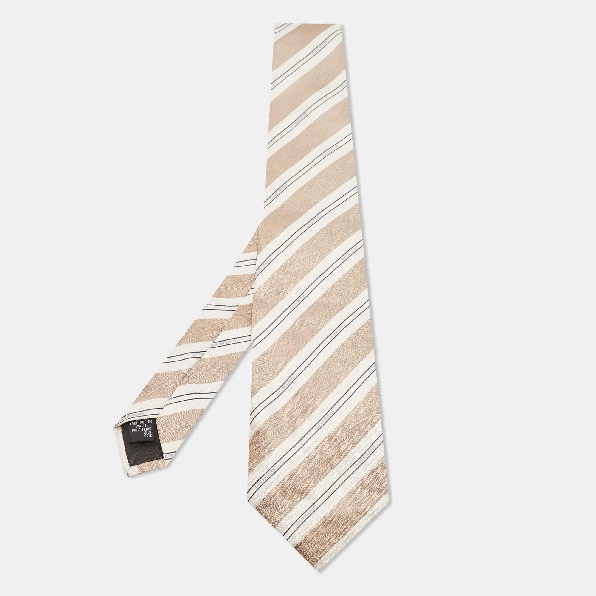 Neckties Givenchy Beige Logo Diagonal Striped Silk Tie