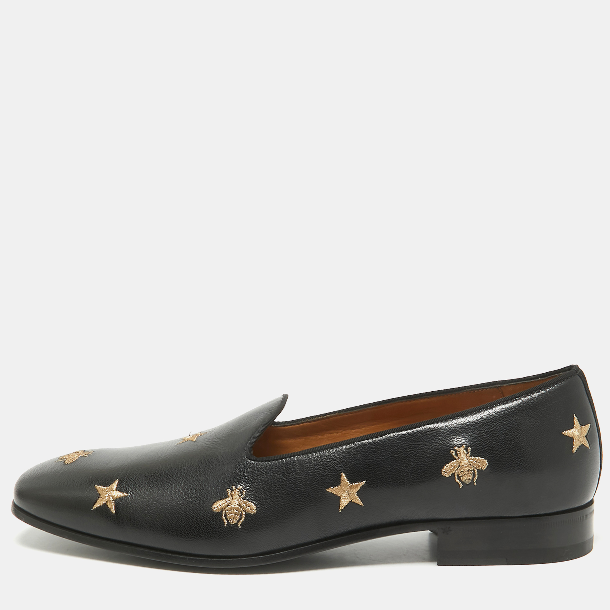 Gucci Black Leather Embroidered Bee and Star Slip On Loafers Size 44