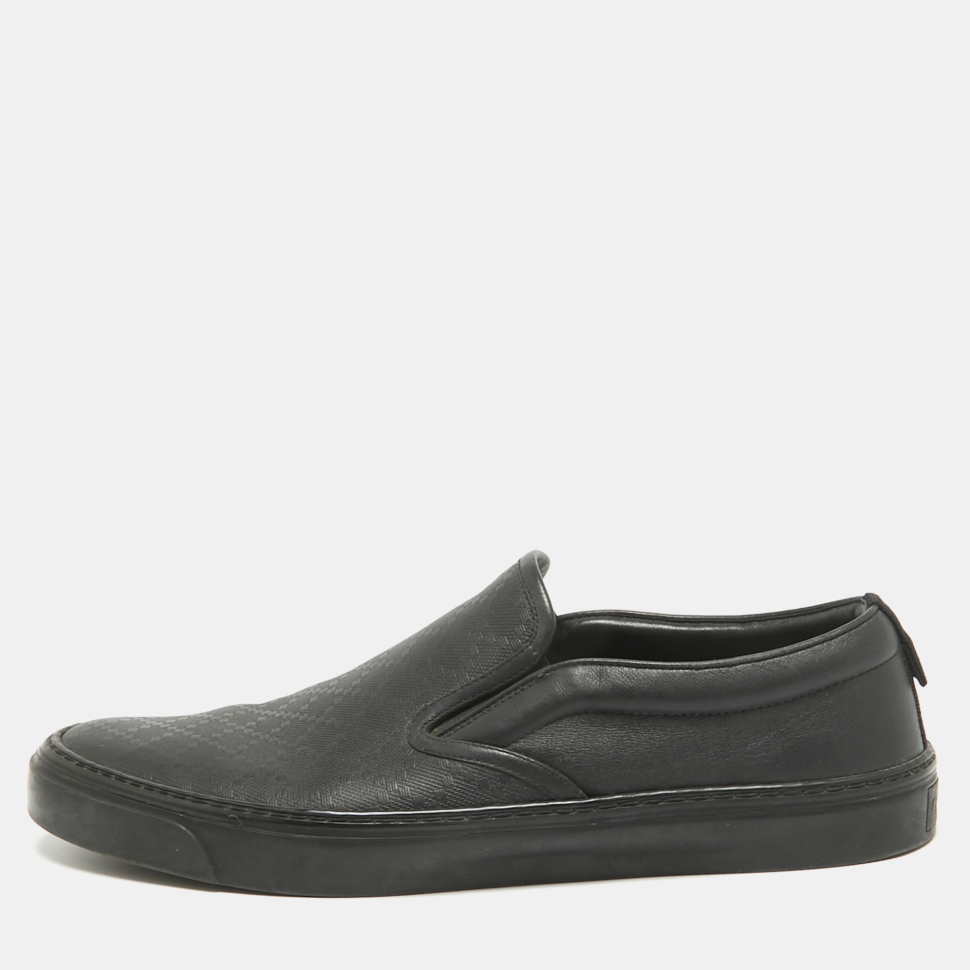 Gucci Black Leather GG Slip On Sneakers Size 44