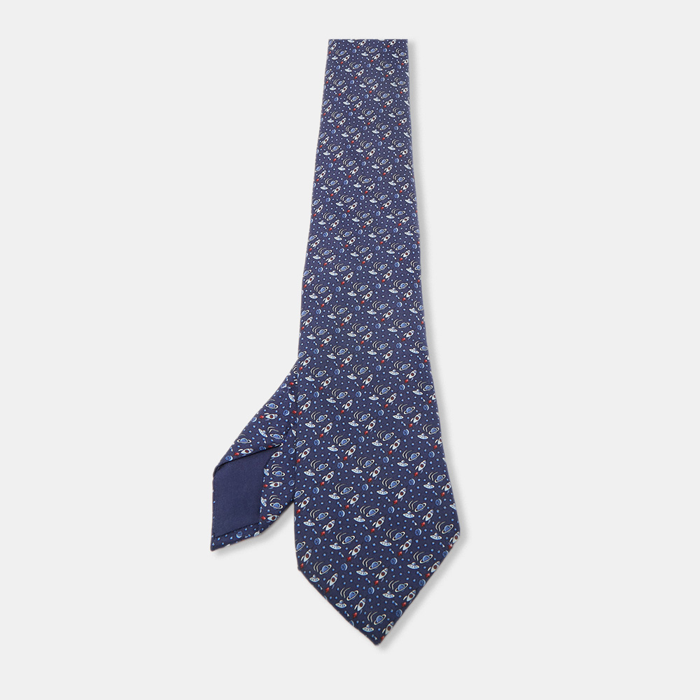 Neckties  The Luxury Closet Hermes Navy Blue Space Print Silk Tie